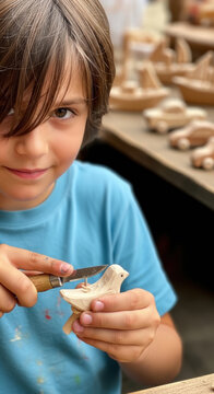 Focused Young Boy Carving a Wooden Bird Figurine in a Craft Workshop
