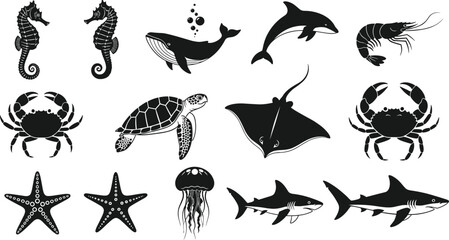 Sea life silhouette collection featuring whale, dolphin, shark, sea turtle, seahorse, stingray, jellyfish, crab, shrimp, and starfish icons for marine designs. © Sreemoti