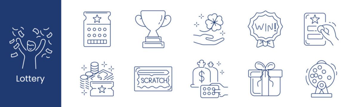 Lottery set icon. Collection with celebration figure, numbered ticket, trophy cup, clover hand, win badge, lottery card, coin stack, scratch card, money bag, gift box, drum machine.