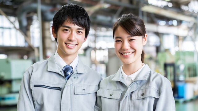 Japanese male and female workers in uniform smiling