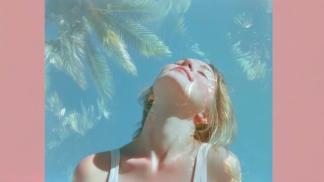 Close up of one woman smiling with palm leaf double exposure surreal