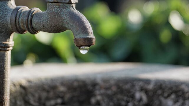 Old Rusty Faucet Dripping Water in a Neglected Outdoor Setting with Greenery and Stone