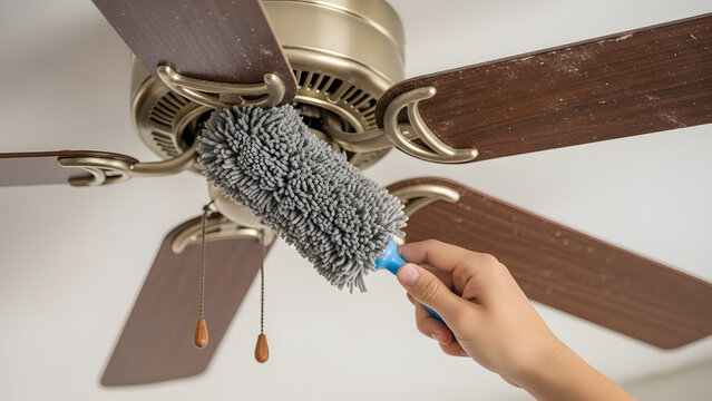 Hand cleaning ceiling fan blades with duster.