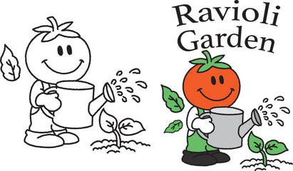 Fototapeta premium Cute Tomato Gardener Watering Plant Cartoon Illustration
