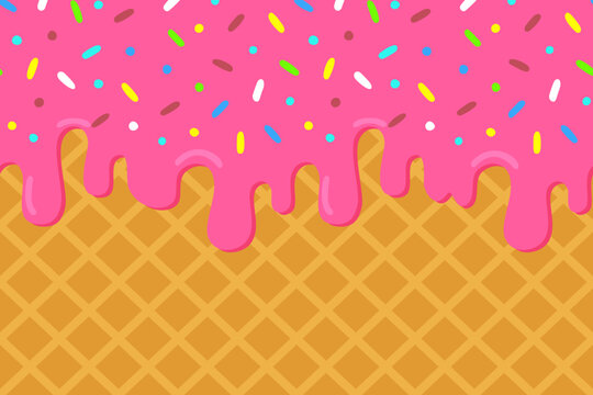 Ice cream pattern with pink dripping frosting and colorful sprinkles over waffle cone background, cute seamless dessert pattern design for packaging, textiles, wallpapers, and digital prints.