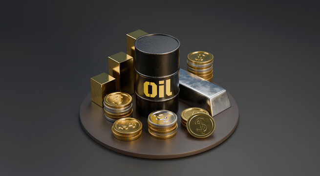 Oil barrel with stacked gold coins and silver bar symbolizes profit and asset value. Designed for Oil firms, Oil investors, Oil market reports, gold finance, gold trading, and gold investment business