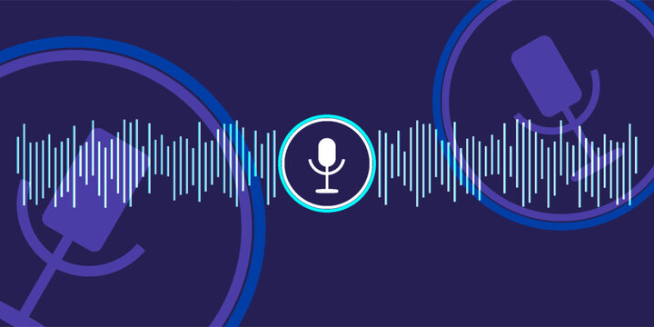 Concept of voice recognition. Sound wave with imitation of voice, sound and microphone icon. Vektor illustration modern