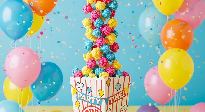 Colorful popcorn spilling from a party time box, surrounded by balloons and confetti for a festive event.