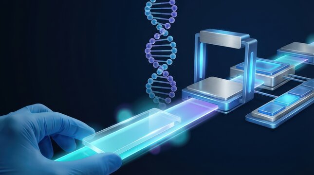Gloved hand guiding transparent analysis slide through genomic sequencing workflow with DNA strand and modular validation system on dark clinical background banner