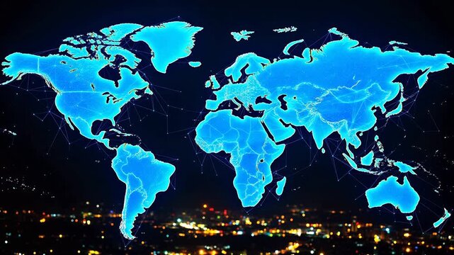 Blue glowing world map with network connections for Digital Transformation and Cyber Infrastructure