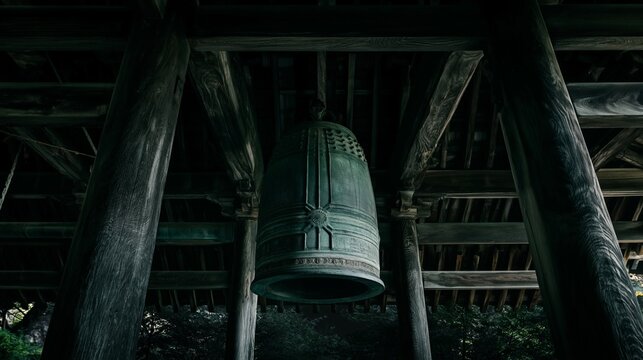 Traditional Japanese temple bell Bonsho at night