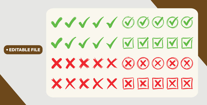 Check tick mark icon set, hand drawn doodle red cross box x check mark green checkbox v, sketch marker checklist symbol right and wrong set - for stock