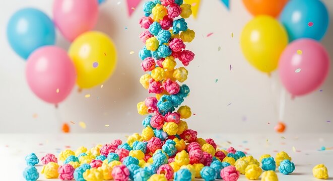 Colorful rainbow popcorn kernels falling with party balloons and festive decorations background.