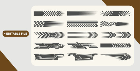 Racing cars and race car stripes set, angled checkered patterns, checkered flag, finish line, motocross labels, dynamic lines, motorsport, racing stripe speed, sport decals, vehicle tuning stickers © Kingko