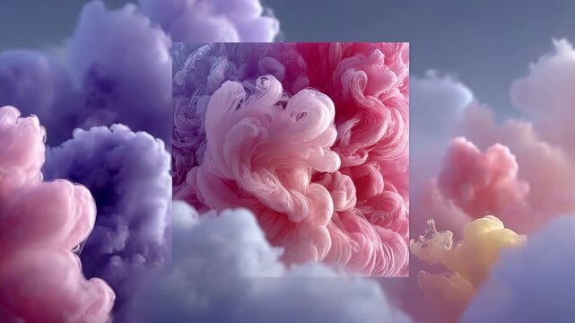Swirling pink liquid smoke inside frame with purple clouds surreal