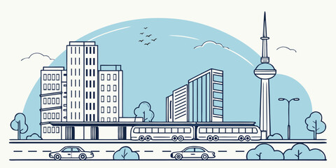 Obraz premium Modern generic city skyline with transportation, flat vector illustration