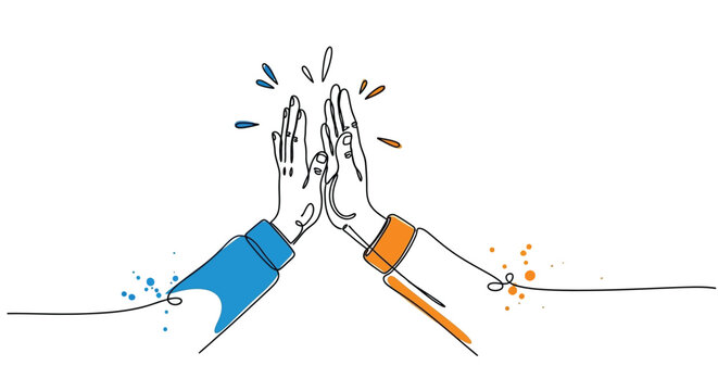 Dynamic line art illustration of two hands high fiving with colorful splashes, image symbolizes