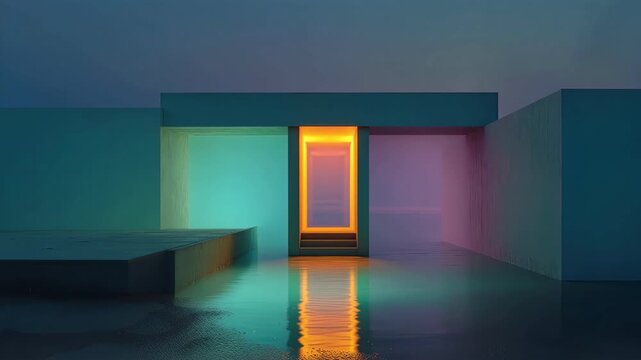 Minimalist architecture with glowing orange door and water pool surreal