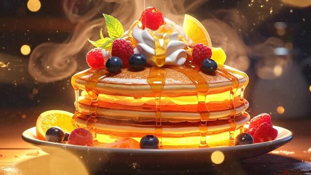 Delicious stack of pancakes drizzled with syrup, topped with fresh berries and whipped cream, a sweet treat.