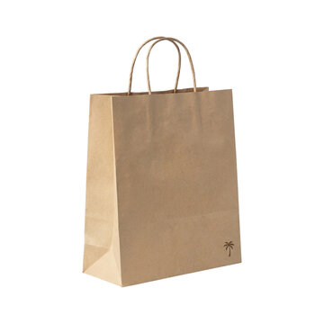 Empty brown kraft paper shopping bag with handles and a subtle dark palm tree icon, isolated on transparent background.