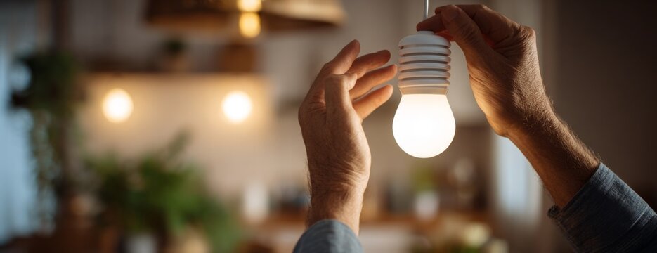 Man changing light bulb in modern home interior with warm lighting  