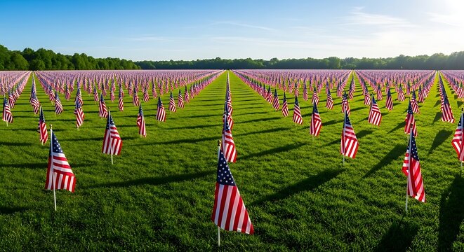 Patriotic 4th of july celebration with thousands of american flags in a lush green field