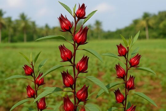 Fresh red roselle fruit hibiscus sabdariffa growing in the field