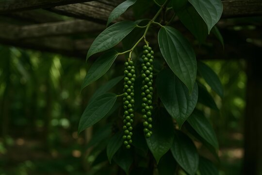 Green black pepper berries hanging on vine in plantation
