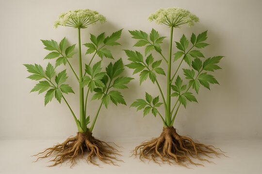Dried dong quai roots angelica sinensis on rustic wooden table