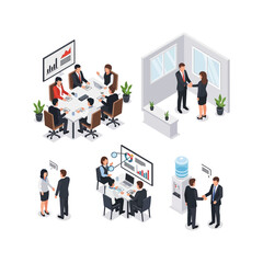 Naklejka premium Isometric Business Meeting and Handshake Scenes.