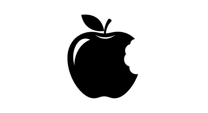 Bitten Black Apple Silhouette Icon, Simple Fruit Symbol on White Background