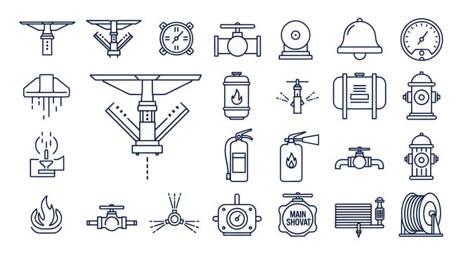 Fire Safety Equipment Icons: Sprinklers, Extinguishers, Hydrants, Alarm, Bell