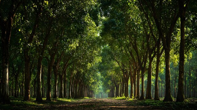 Serene rubber plantation with symmetrical tree lines and soft morning light, showcasing peaceful tropical nature and sustainable agriculture in a minimalist composition.