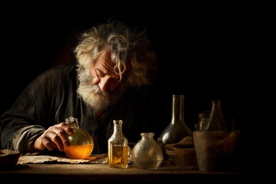 An aged alchemist examines a glowing elixir in a glass flask amidst an array of vintage laboratory vessels, set against a dark, atmospheric backdrop.