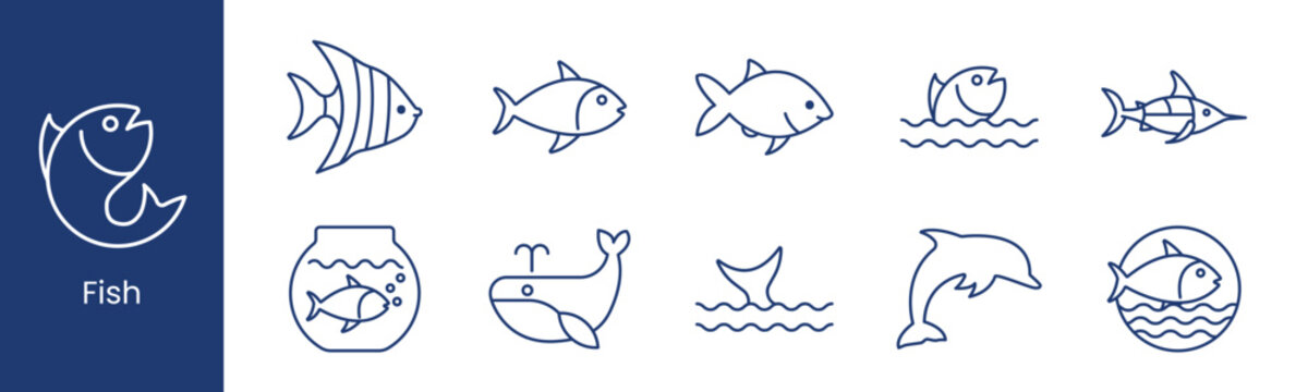 Fish marine wildlife set icon. Tropical fish tuna carp jumping marlin bowl whale tail dolphin ocean depict aquatic animal sea life nature.