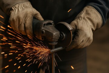 Fototapeta premium Gloved hands expertly operate an angle grinder, producing vibrant sparks. This intense metalworking process highlights craftsmanship and powerful tools.
