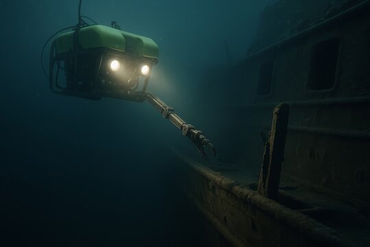 An underwater robot with bright headlights explores a sunken shipwreck in dark depths. This exploration captures the mystery and technology discovering hidden marine worlds.