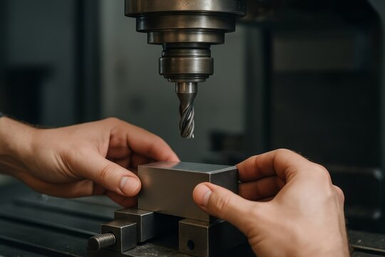 Hands precisely position a metal block for CNC milling. The drill bit waits above, ready for machining.