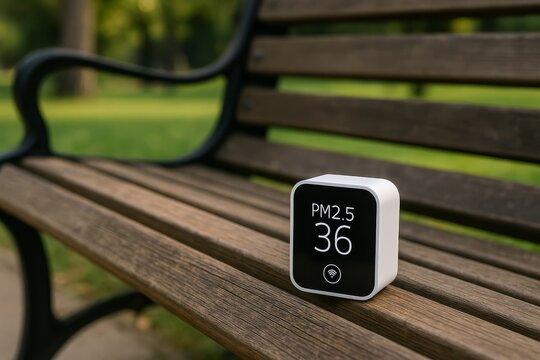 This device displays air quality readings on a park bench. It highlights the impact of pollution on our daily lives.