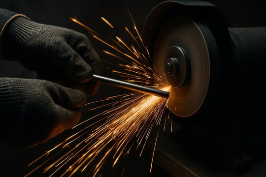 Hands in gloves expertly sharpen metal, sending a shower of bright sparks. Industrial work showcases precision and skill in a dark environment.