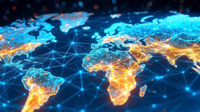 Global network map with glowing connections for Digital Transformation and Cyber Infrastructure
