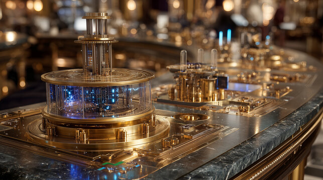 黄金に輝く未来的な量子コンピュータの超伝導回路と精密な機構