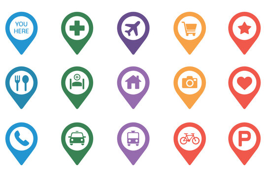 Location Map Pin Icons Set Pointers Parking Restaurants Hospitals Supermarkets Telephones Stars Terminals Hotels Stations Bicycles Heart Camera House Airplane Navigation Vector Design