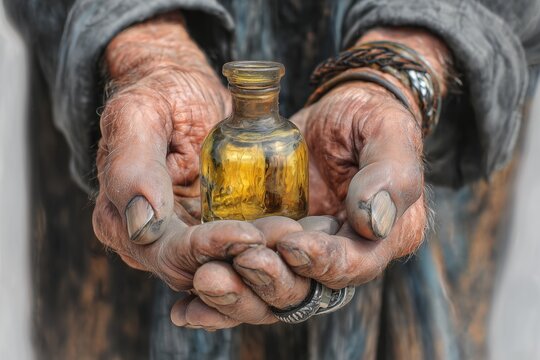 An aged alchemist examines a glowing elixir in a glass flask amidst an array of vintage laboratory vessels, set against a dark, atmospheric backdrop.