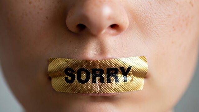 Close-up of a person with a gold foil wrapper covering their mouth with the word SORRY printed on it symbolizing apology or regret in a conceptual and expressive manner suitable for emotional