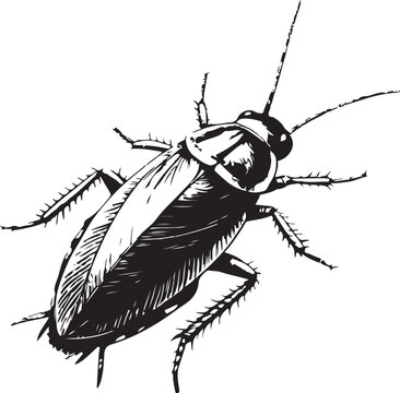 German cockroach (Blattella germanica) Common household pest cockroach Hand-drawn Sketch Drawing Vector Illustration, Line Linear Symbol Black and White Engraving, Isolated