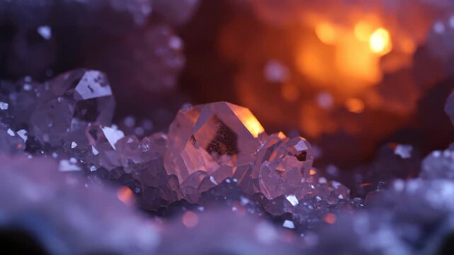 Close-up of amethyst crystals illuminated with bright light, crystal healing.