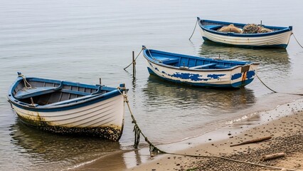 Obraz premium Serene coastal scene with three small boats anchored near the sandy shore on calm water under a cloudy sky for travel leisure and maritime themes