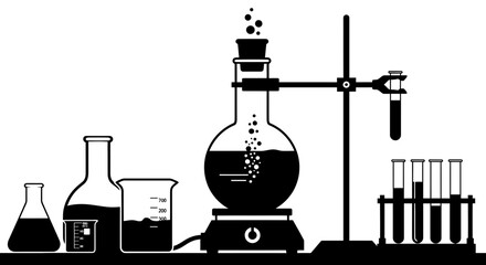 Obraz premium Chemical Experiment Setup with Flasks, Beaker, and Test Tubes