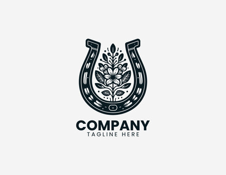 Floral horseshoe symbol in elegant black vector logo illustration style on a white background
